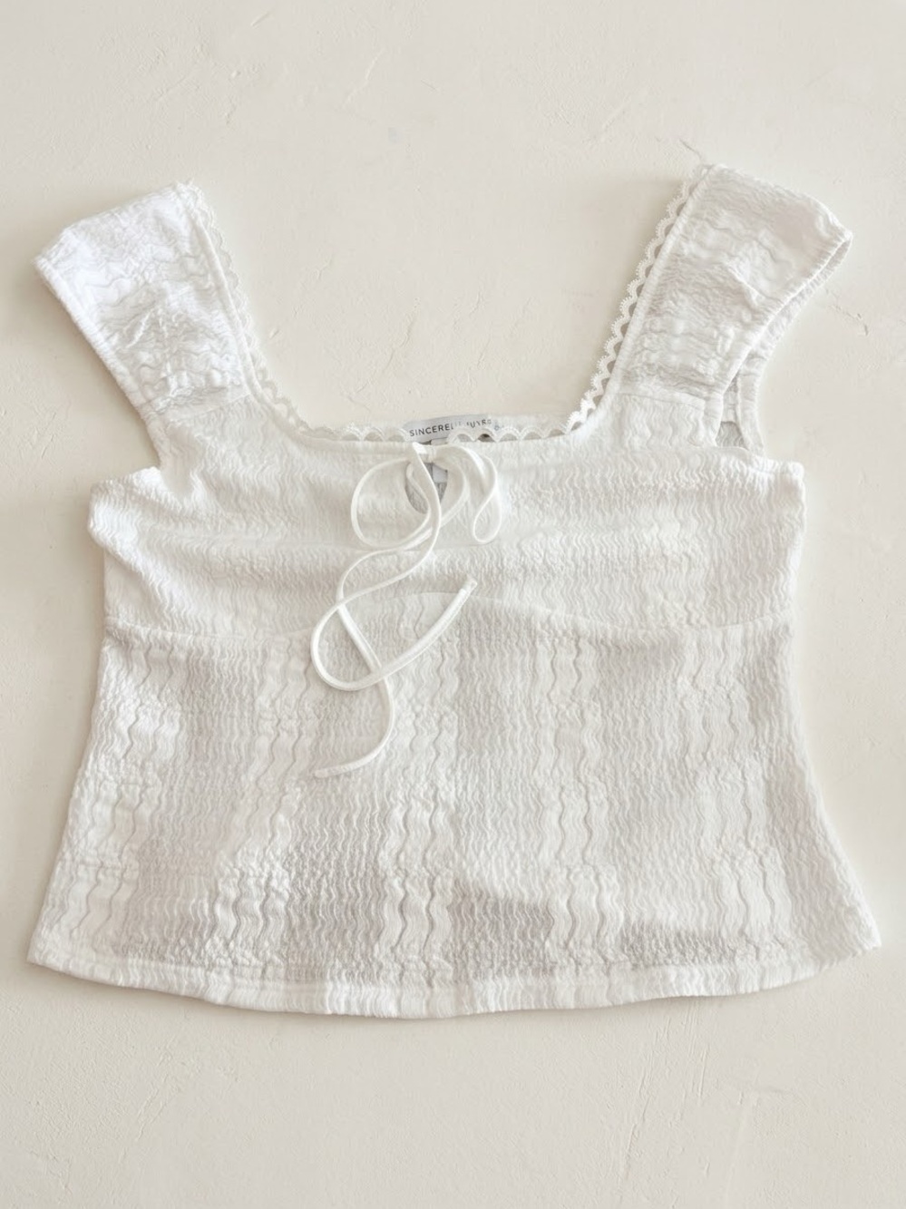Sincerely Jules White Square-Neck Tie-Front Lace Trim Tank